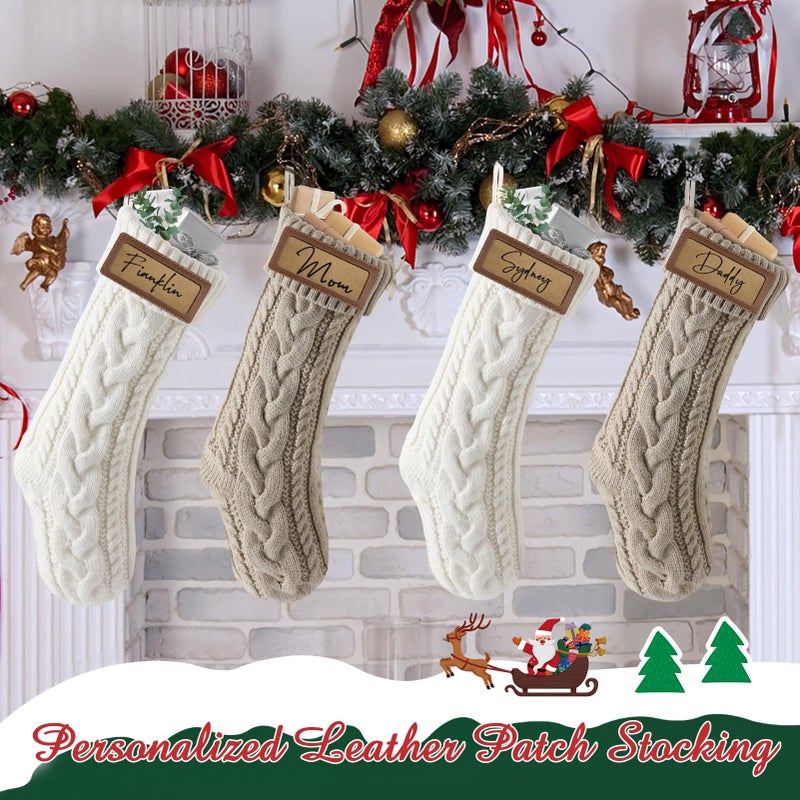 steo spce Personalized Christmas Stocking with Leather Patches Custom Name Family Christmas Stockings  18.5  Large Knitted Xmas Stockings for Kids  Holiday and Fireplace Party Decoration - 4Pcs - Image 3